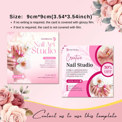 9cm×9cm floral nail studio flyer template: features service listings + 30% off promotion, with guidelines on glossy/non-glossy film for printing.