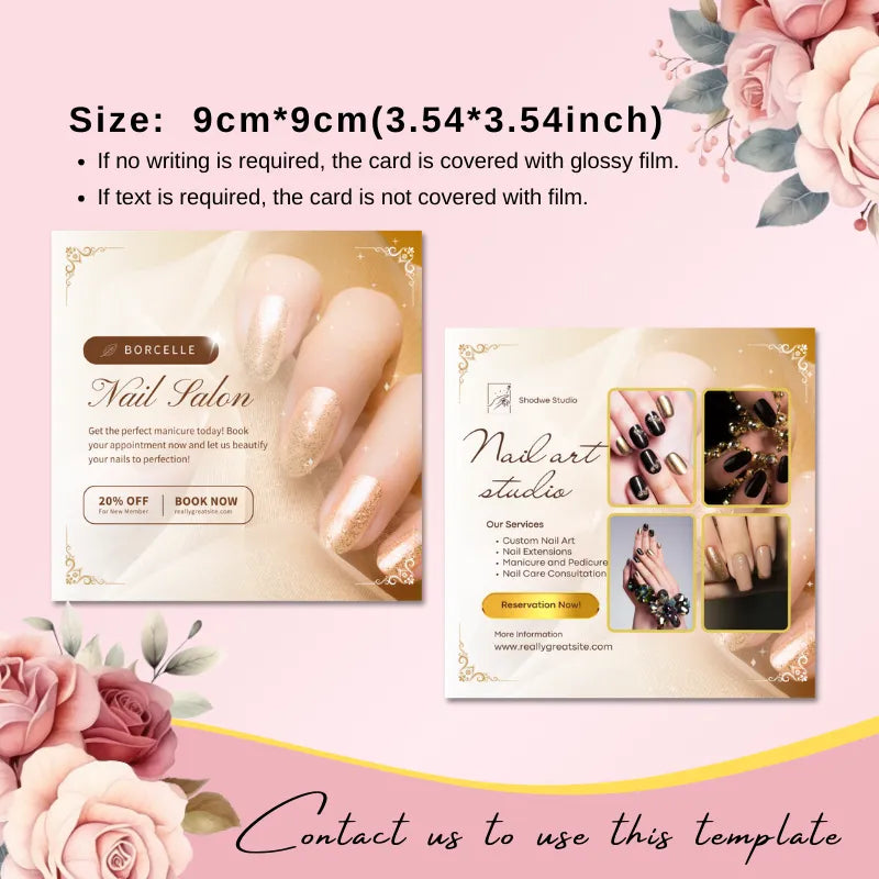 9cm×9cm nail salon flyer template (gold accent design): includes a 20% off promotion + service showcase, with notes on glossy/non-glossy film options.