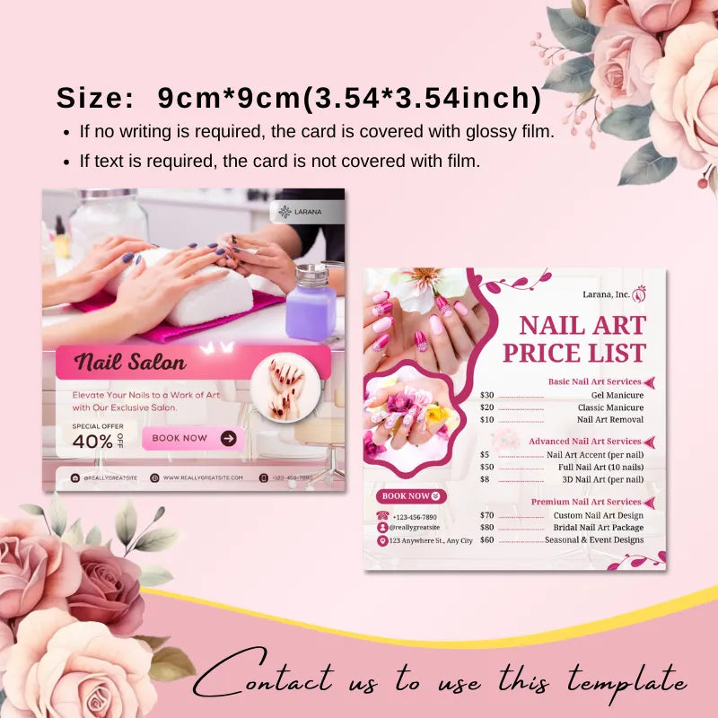 9cm×9cm nail salon template set: features a 40% off flyer + detailed price list, with film coating guidelines for printing.