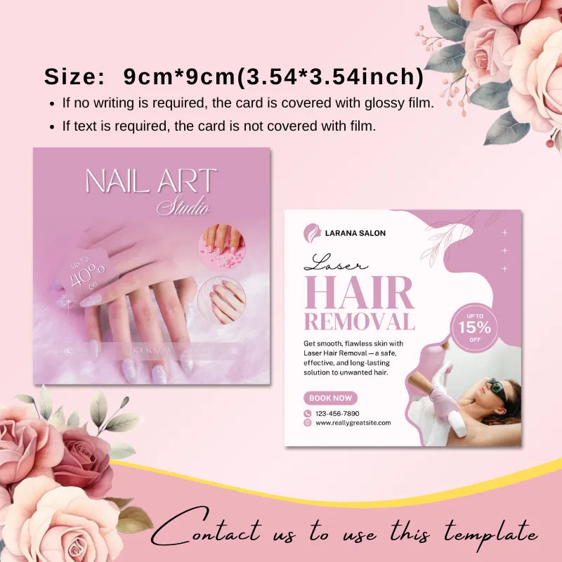 9cm×9cm dual-service flyer template: includes nail art (40% off) + laser hair removal (15% off) promotions, with film coating instructions.