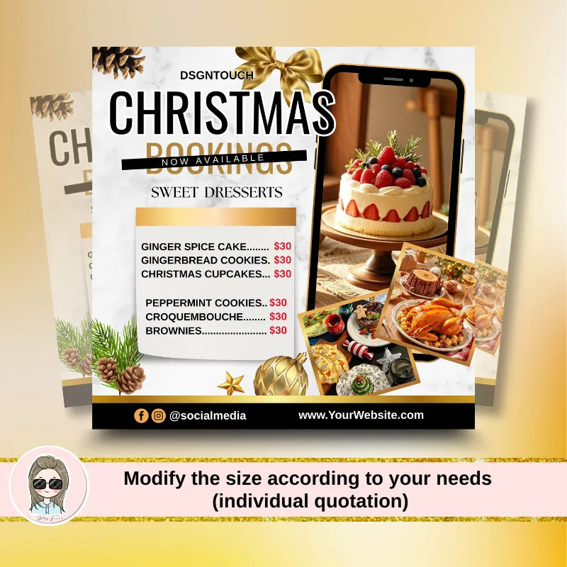 Comparison of two square size options (9x9cm and 10x10cm) for Christmas bakery menu cards, showing flexibility for different menu lengths.