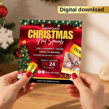 Burgundy & Silver Christmas square card template for nail salons showcasing festive nail specials and social media contest details.