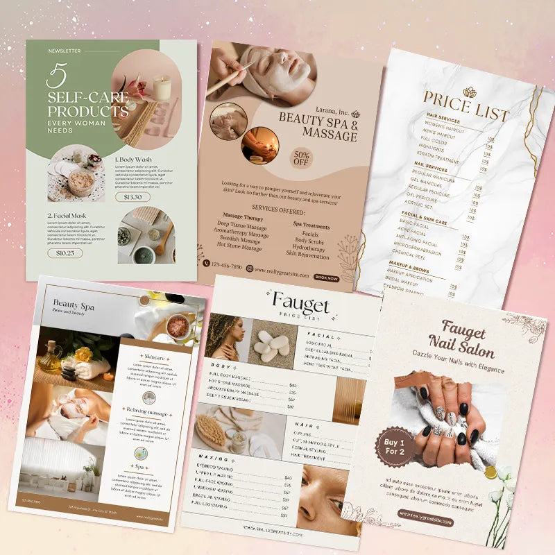 A collection of beauty and spa promotional flyers including price lists, self-care products, and nail salon offers.