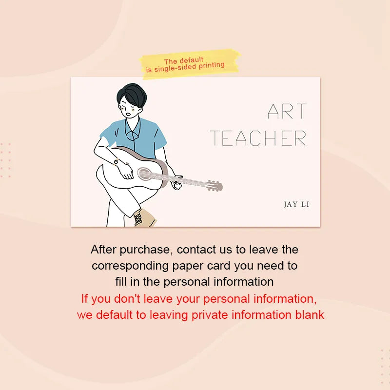 Art Teacher card illustration featuring a person playing guitar, emphasizing personal information requirements.