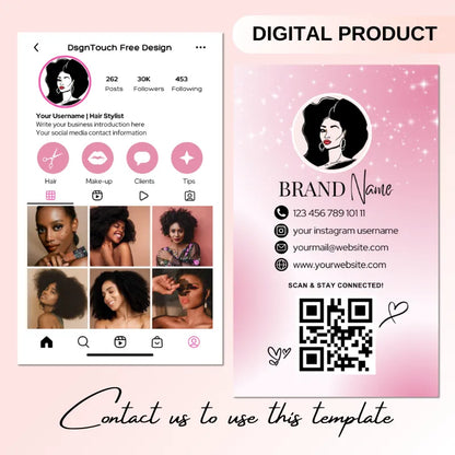Editable Instagram template for salon business card, featuring pink design and social media links.