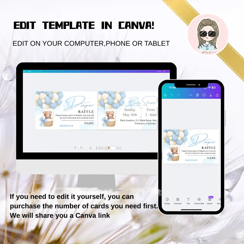 Baby Shower Cards template displayed on computer and phone for easy editing in Canva