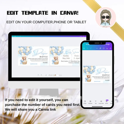 Baby Shower Cards template displayed on computer and phone for easy editing in Canva