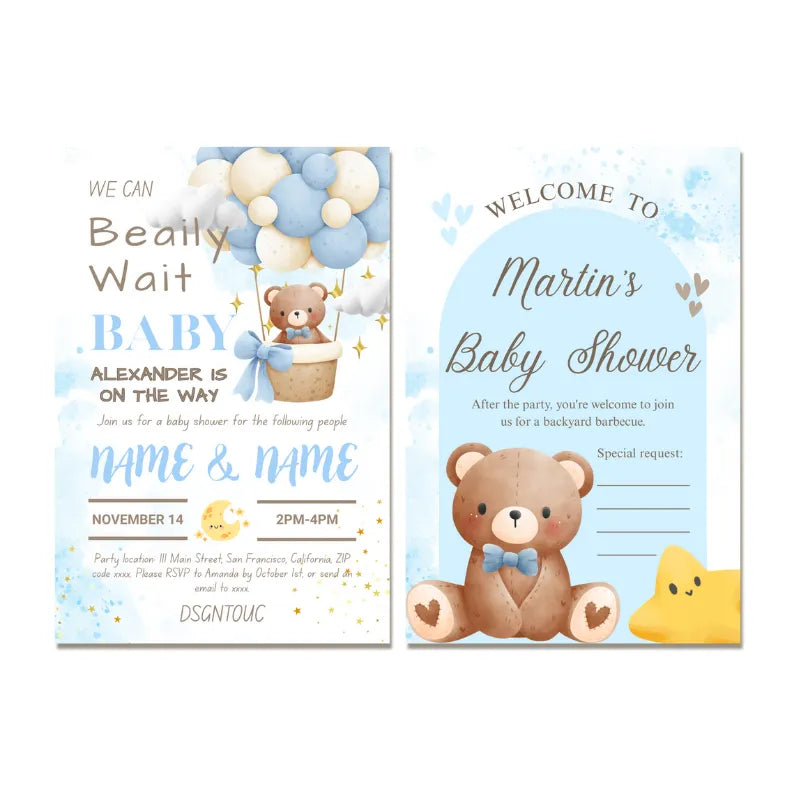 Baby Shower Invitations - Premium Printed 10x15cm Cards featuring cute bear design and pastel balloons.