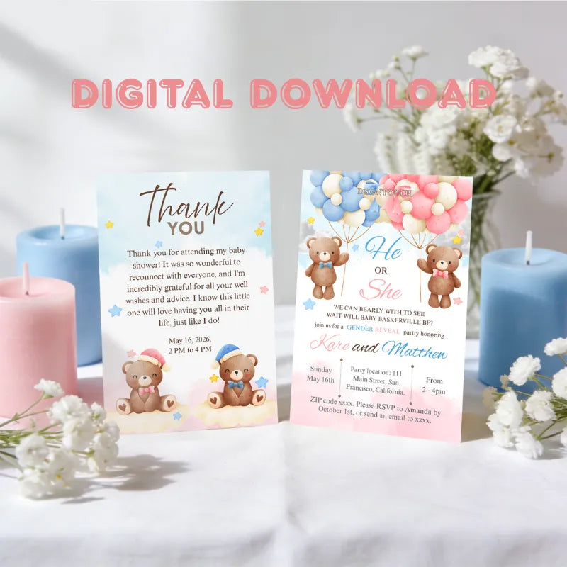 Baby Shower Invitations Digital - Editable Canva Template with teddy bear designs and pastel colors.