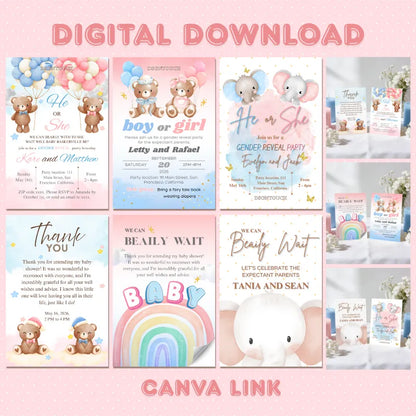Baby Shower Invitations Digital – Editable Canva Template featuring soft blue and pink designs with teddy bears and rainbow themes.