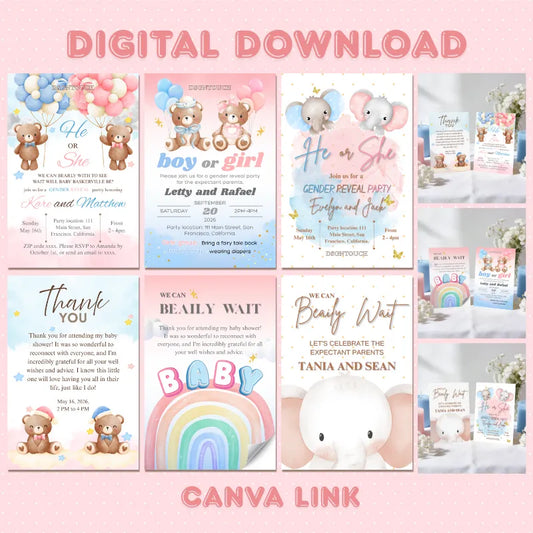 Baby Shower Invitations Digital – Editable Canva Template featuring soft blue and pink designs with teddy bears and rainbow themes.
