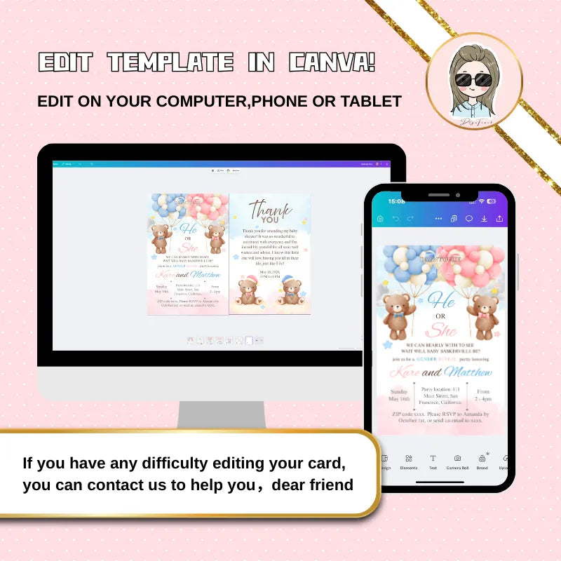 Baby Shower Invitations Digital template shown on computer and phone, fully editable in Canva with cute teddy bear design.