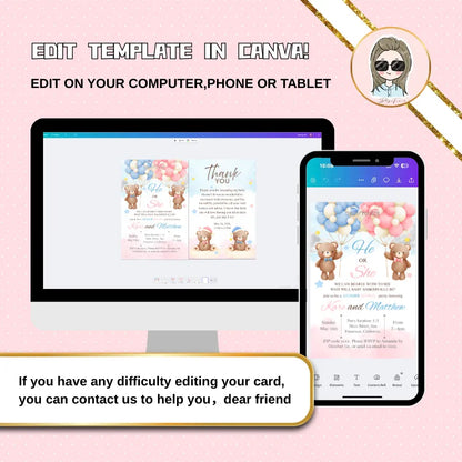 Baby Shower Invitations Digital template shown on computer and phone, fully editable in Canva with cute teddy bear design.