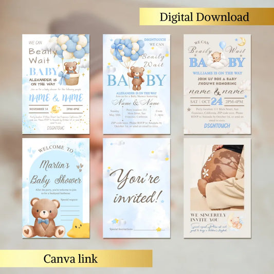 Baby Shower Invitations Ideas: Editable Canva designs featuring cute teddy bears and balloon themes for DIY invitations.