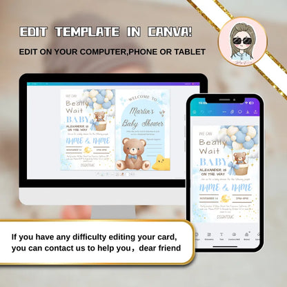 Baby Shower Invitations Ideas with editable Canva template on computer and phone for DIY customization.