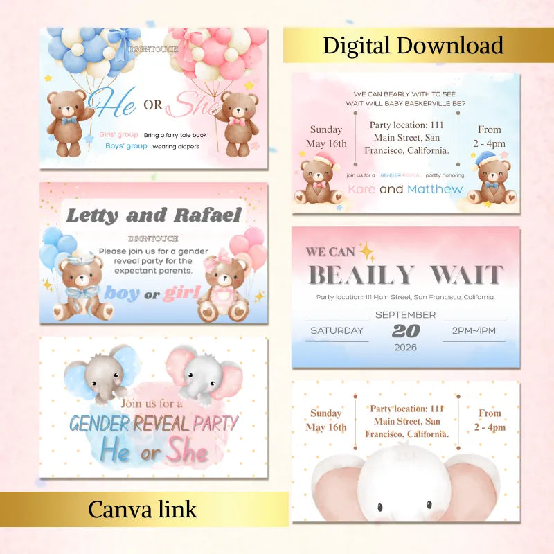 Baby Shower Invitations Template featuring teddy bears, soft colors, and gender reveal themes - Digital Download
