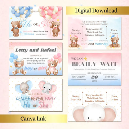 Baby Shower Invitations Template featuring teddy bears, soft colors, and gender reveal themes - Digital Download