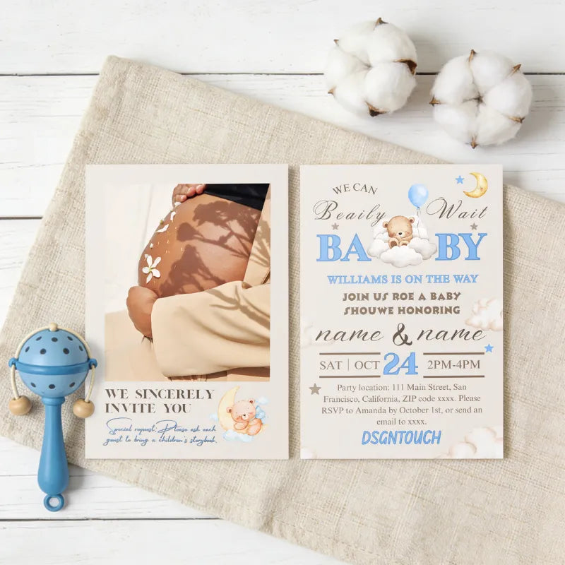 Baby Shower Invitations design featuring a pregnant woman and details for the event, printed by dsgntouch.