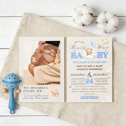 Baby Shower Invitations design featuring a pregnant woman and details for the event, printed by dsgntouch.