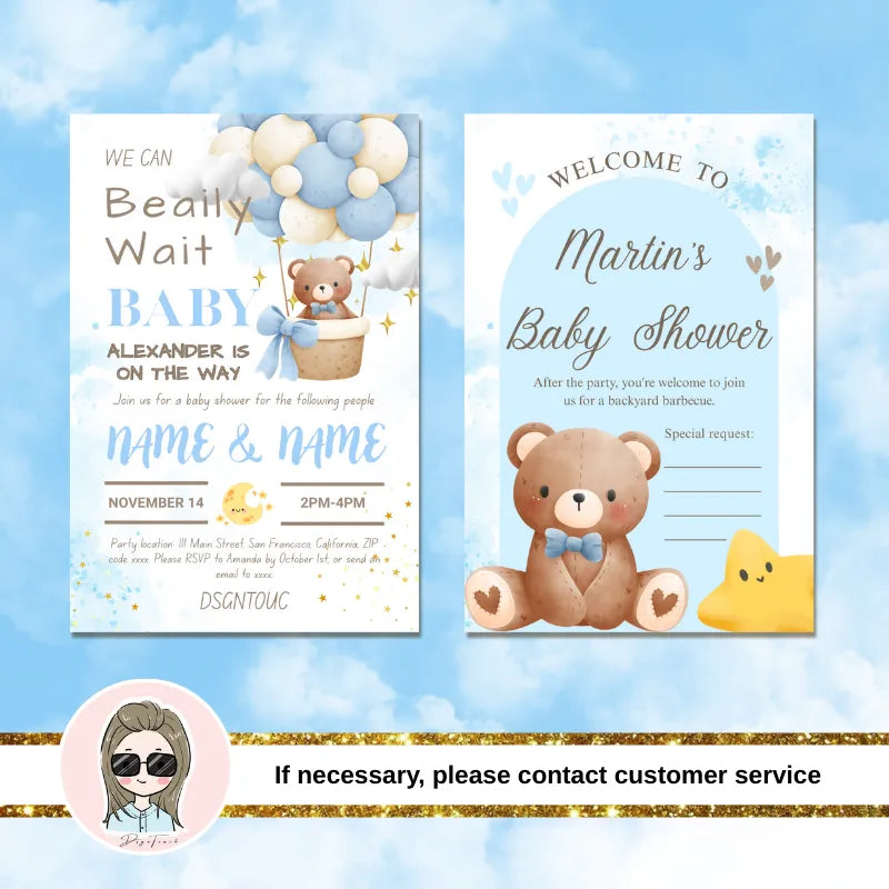 Baby Shower Invitations design featuring cute bear and balloon themes on 10x15cm cards by dsgntouch.
