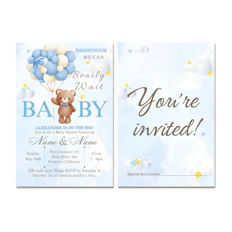 Baby Shower Invitations featuring cute teddy bear and balloons, premium printed 10x15cm cards by dsgntouch.