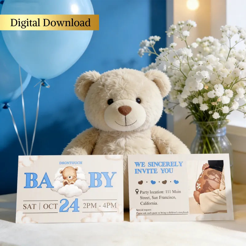 Baby Shower Templates - 3 Editable Canva Invitations featuring adorable bear and balloon for a baby shower event.
