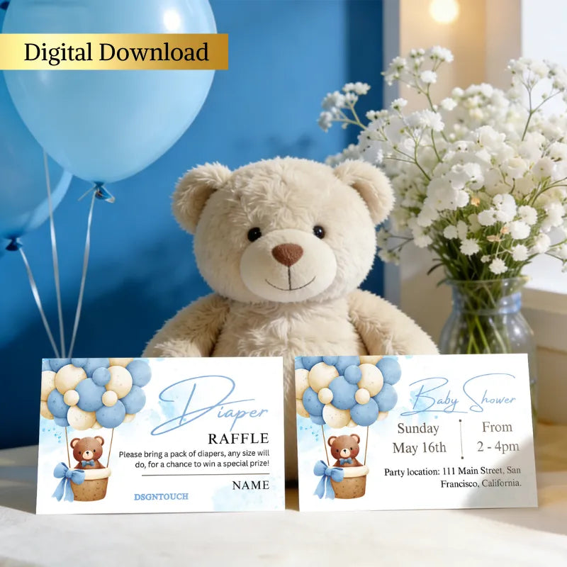 Baby Shower Templates - Editable Canva invitations with teddy bear and blue balloons for a diaper raffle.