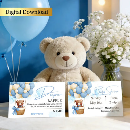 Baby Shower Templates - Editable Canva invitations with teddy bear and blue balloons for a diaper raffle.