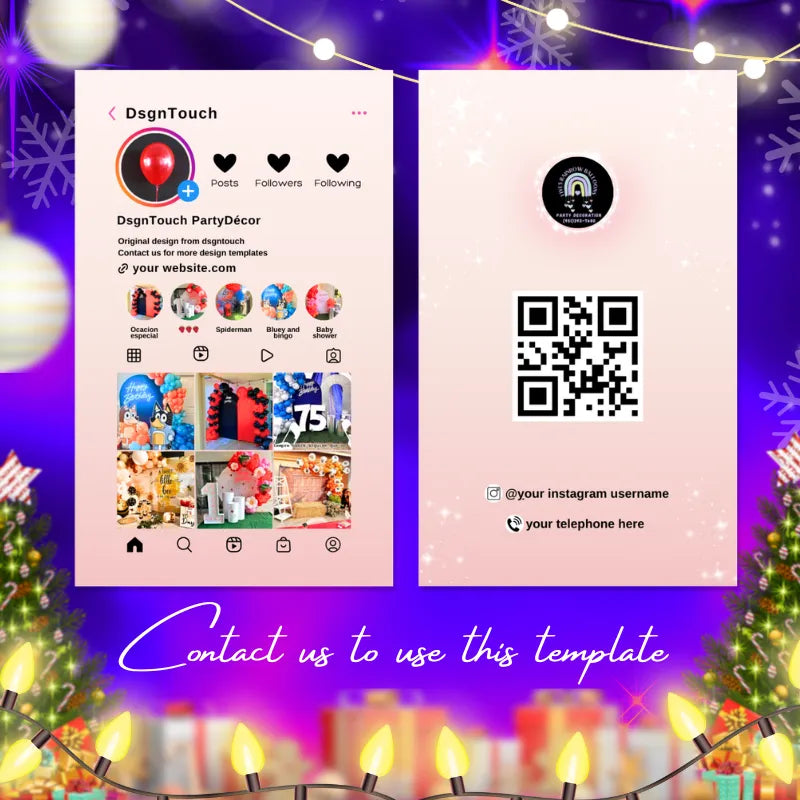 Balloon Arch Business Cards displayed on a festive background with social media and contact information for DsgnTouch.