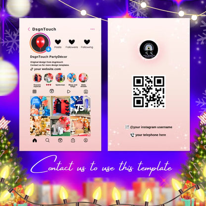 Balloon Arch Business Cards displayed on a festive background with social media and contact information for DsgnTouch.
