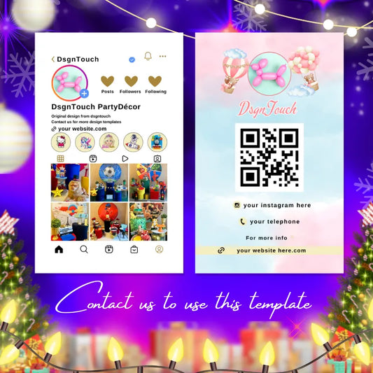 Balloon Arch Business Cards design template featuring DsgnTouch branding and QR code for contact information.
