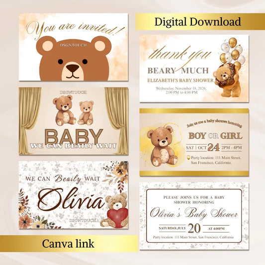 Bear Baby Shower Invitations - Editable Canva Template with charming bear designs in gold and white for a baby shower.