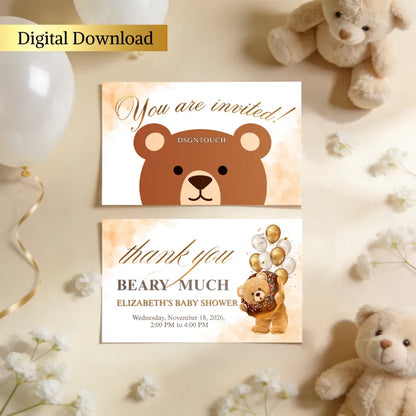 Bear Baby Shower Invitations featuring charming bears in gold and white, perfect for celebrating your little one's arrival.