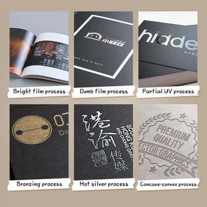 Image showing various printing processes: Bright film, Dumb film, Partial UV, Bronzing, Hot silver, and Concave-convex.