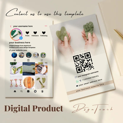 Beige Instagram business card template showcasing contact details and QR code for easy access by DsgnTouch.