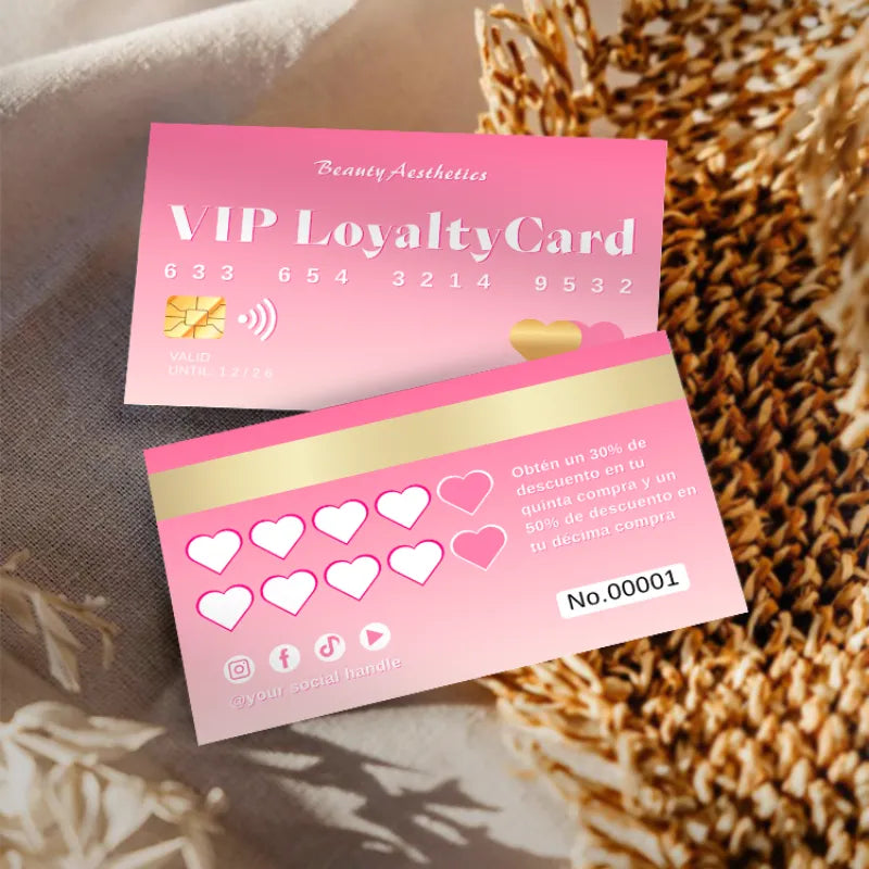 Salon Loyalty Cards featuring VIP design in Blush Pink with discount offers and loyalty rewards for beauty clients.