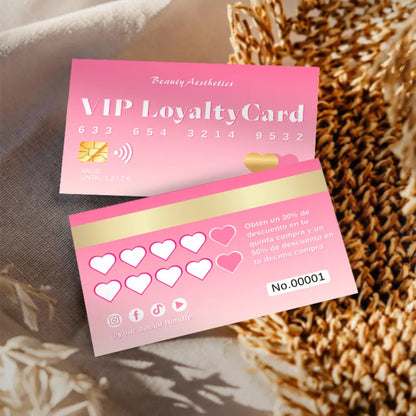 Salon Loyalty Cards featuring VIP design in Blush Pink with discount offers and loyalty rewards for beauty clients.