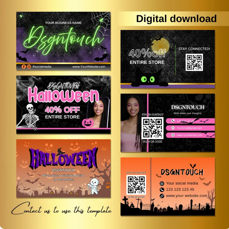 Spooky Halloween business card template for salons showcasing various designs and promotional offers, editable Canva link.