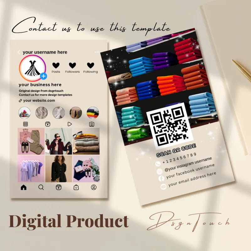 Beige Instagram business card template with customizable details and QR code for easy contact info.
