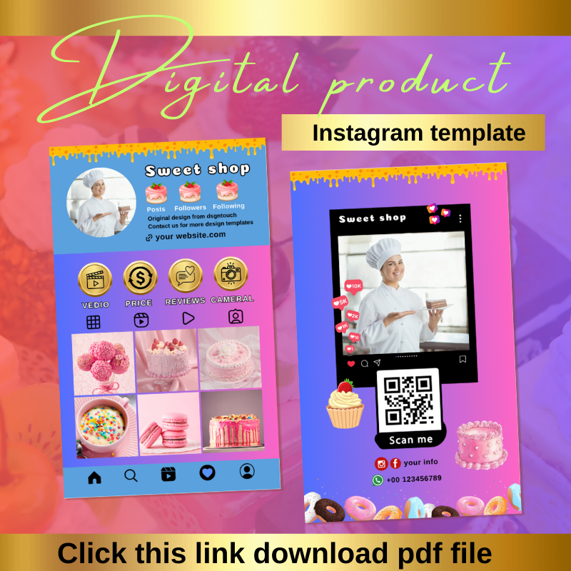 EDITABLE Canva Template Design,Instagram Business Loyalty QR Code Card Care Guide,Cupcake Cake Bakery Macaroon Maker Baker Chocolate