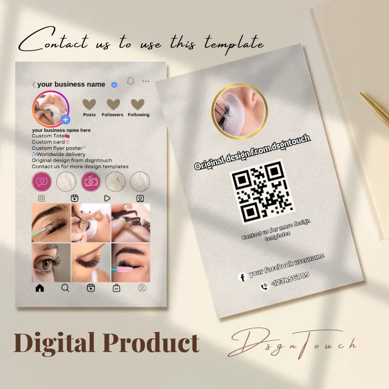 Beige Instagram business card template showcasing customizable digital design from DsgnTouch, featuring QR code and contact info.