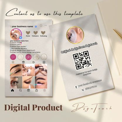 Beige Instagram business card template showcasing customizable digital design from DsgnTouch, featuring QR code and contact info.