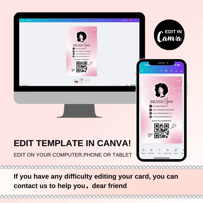 Editable Canva business card template displayed on computer and phone, featuring a pink salon design.
