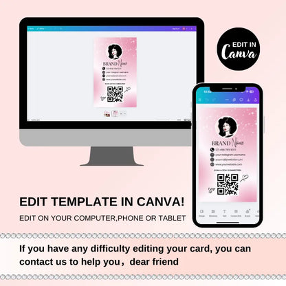 Editable Canva business card template displayed on computer and phone, featuring a pink salon design.