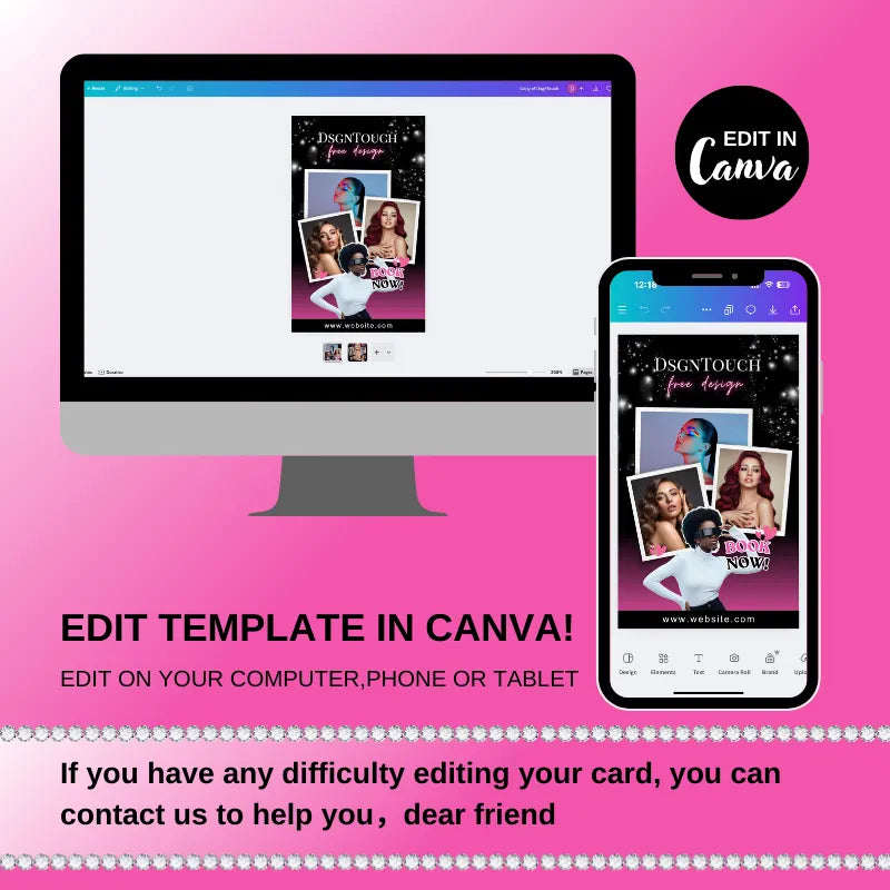 Editable Canva template for beauty branding displayed on desktop and mobile devices with contact information for assistance.