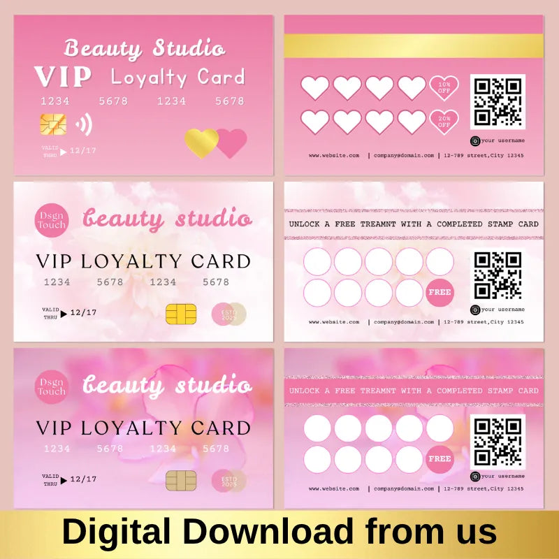Pink punch card template for nail salon loyalty program, digital download, elegant design with QR code.