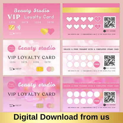 Pink punch card template for nail salon loyalty program, digital download, elegant design with QR code.