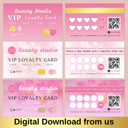 Pink punch card template for nail salon loyalty program, digital download, elegant design with QR code.