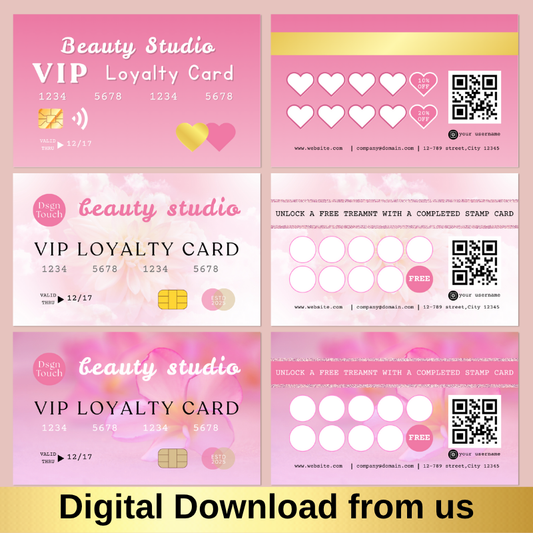 Pink punch card template for nail salon loyalty program, digital download, elegant design with QR code.