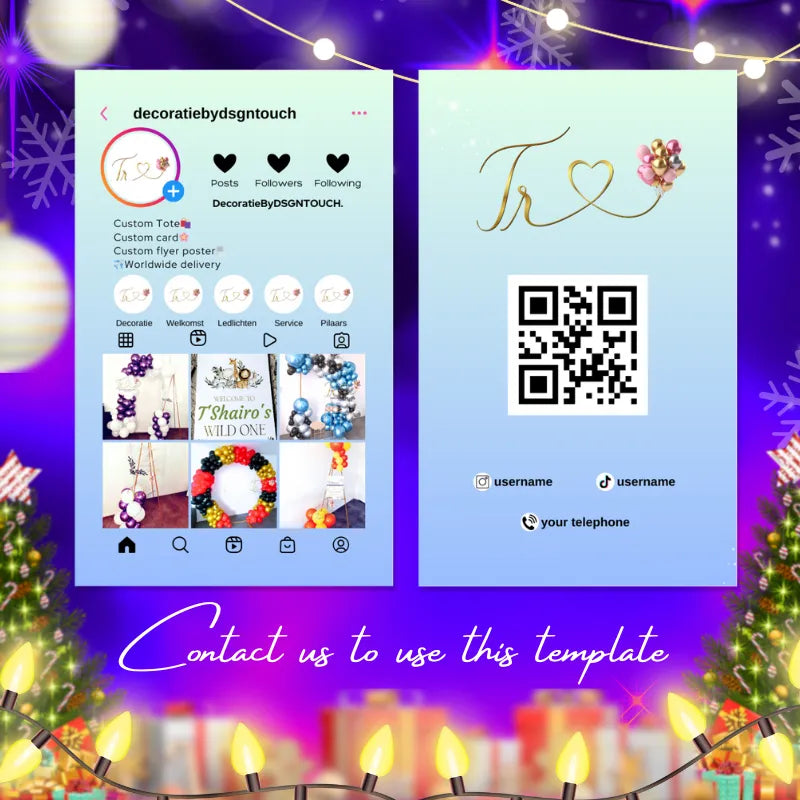 Balloon Arch Business Cards design template featuring social media QR code and contact information for balloon artists DsgnTouch.